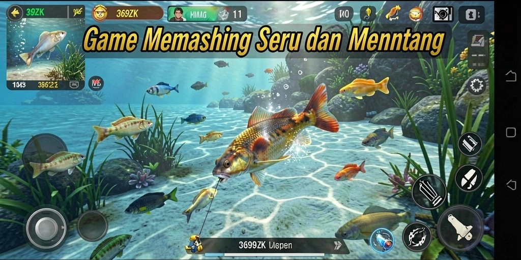 Tampilan gameplay menarik saat memancing di danau yang indah.