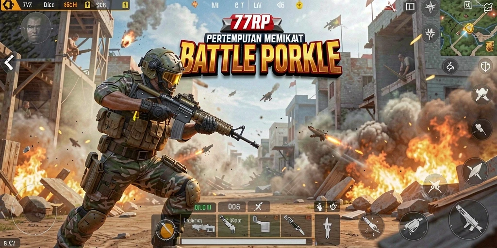 Screenshot utama 77RP yang menampilkan aksi intens di Battle Royale.