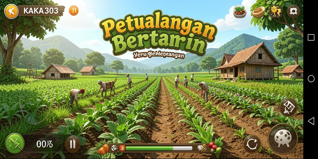 Tangkapan layar gameplay KAKA303 menampilkan ladang yang subur dan karakter lucu.