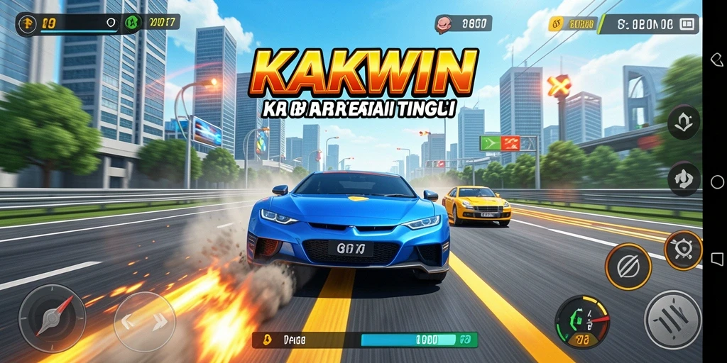 Screenshot gameplay KAKWIN menampilkan balapan seru di trek modern.