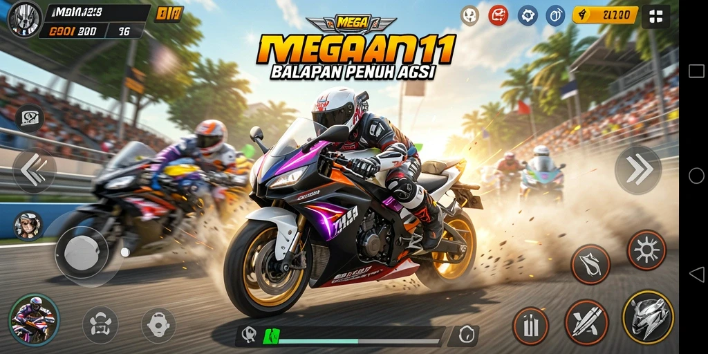 Screenshot gameplay MEGA111 menampilkan aksi balapan motor yang mendebarkan.