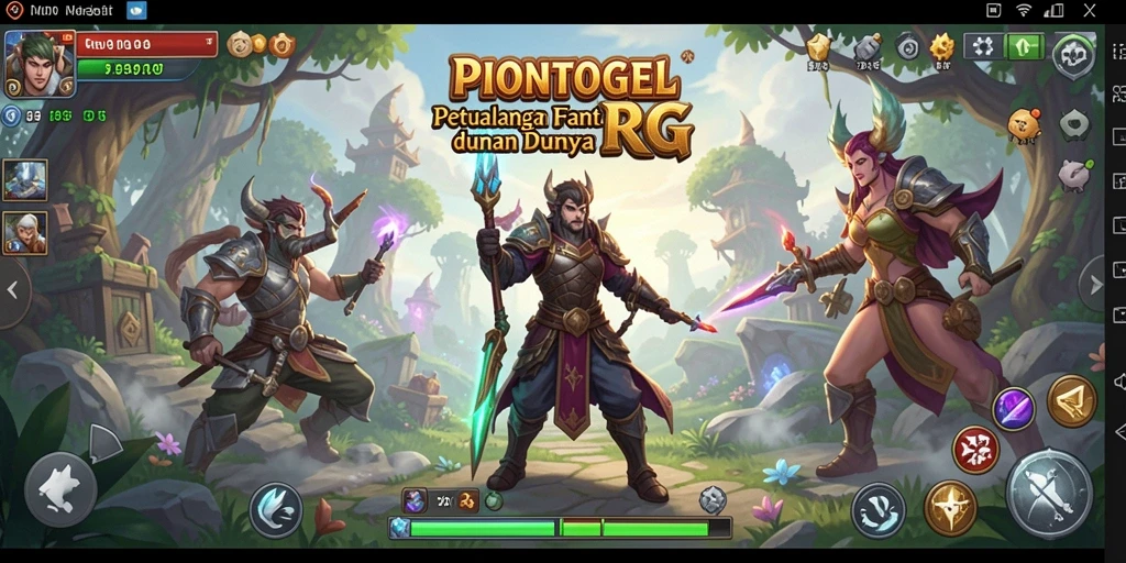 Tampilan tangkapan layar gameplay PIONTOGEL yang menunjukkan pertempuran epik dan karakter heroik.