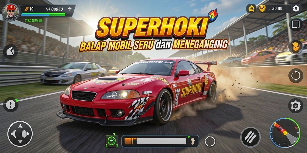 Gameplay SUPERHOKI yang mendebarkan saat berlomba di lintasan balap.