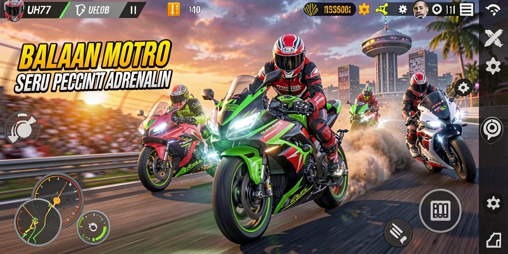 Gameplay UH77 yang menantang dan penuh aksi balapan motor.